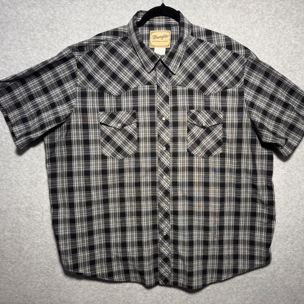 Wrangler Western Shirt Mens 2XL Black White Plaid Pearl Snap Short Sleeve